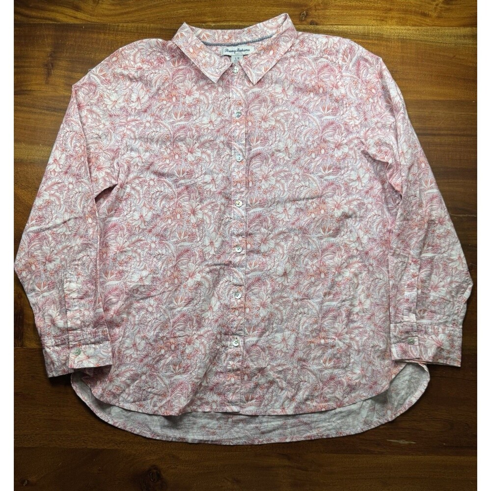 Tommy Bahama Shirt Womens L Large Pink Tropical Floral Button up Long Sleeve Top